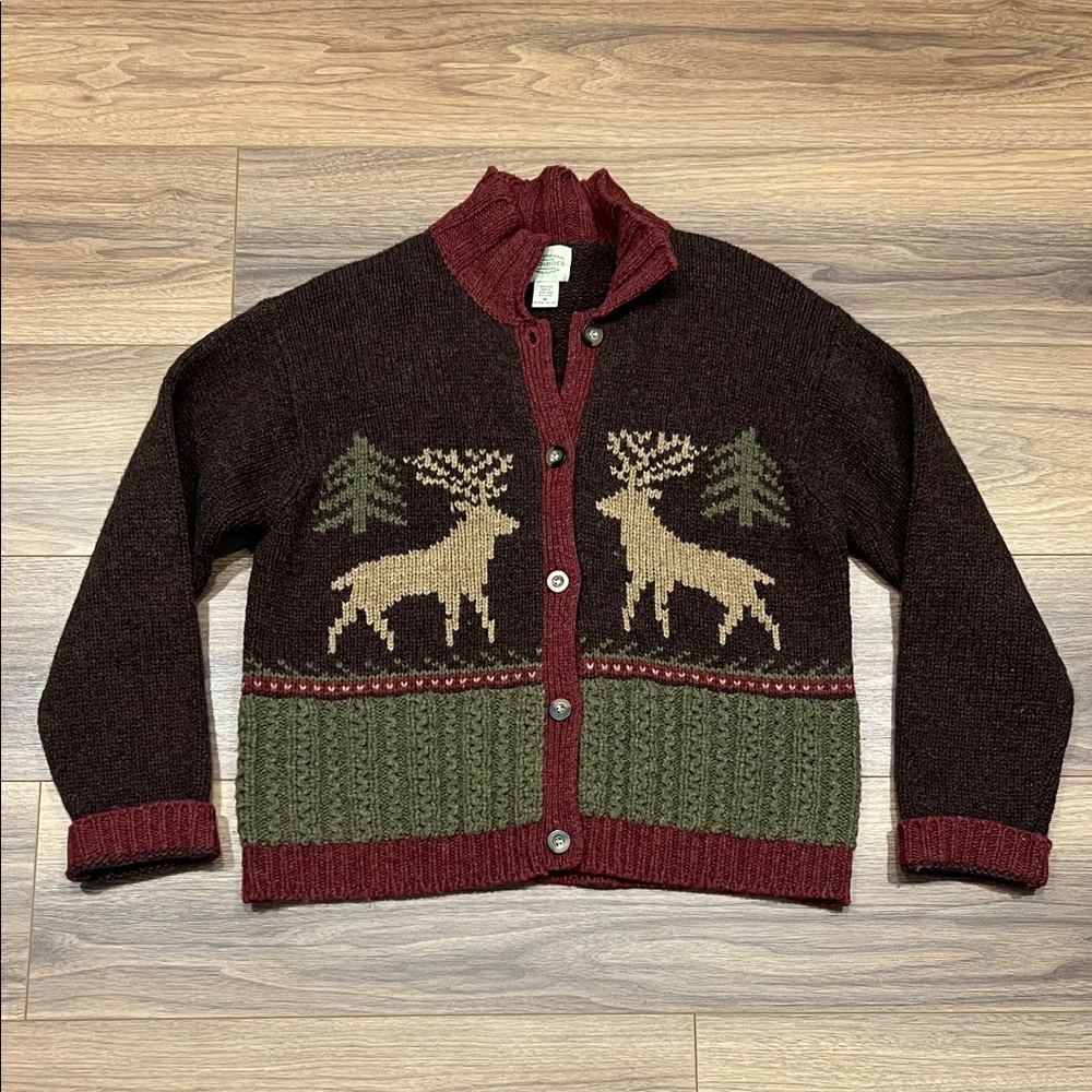 GH Bass Vintage Wool Button Up Sweater Cardigan Deer Tree Burgundy/Brown Medium - Picture 1 of 13